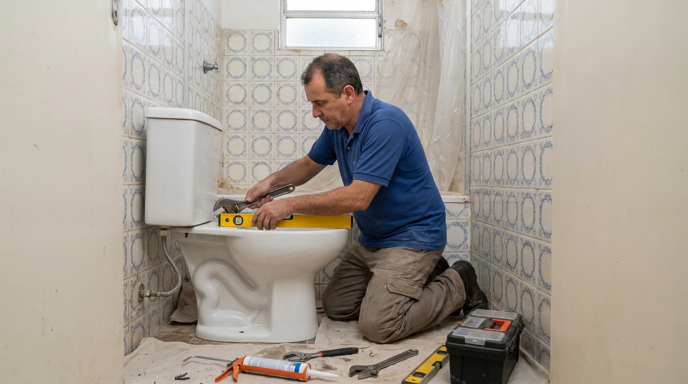 Técnico instalando vaso sanitário em São Luís‑MA